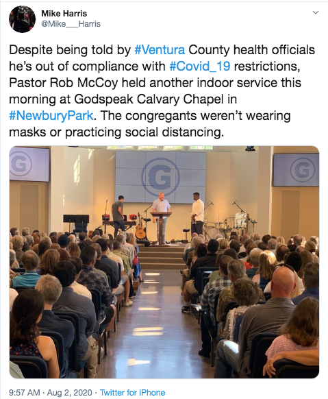 Reporter captures picture of Rob McCoy and Godspeak Calvary Chapel Thousand Oaks defying health mandates.