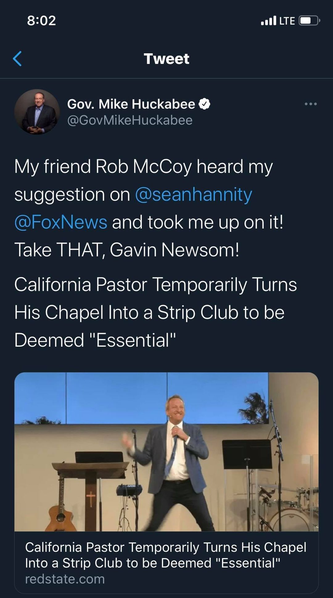 Mike Huckabee tweets in support of Rob McCoy pretending his church is a strip club.
