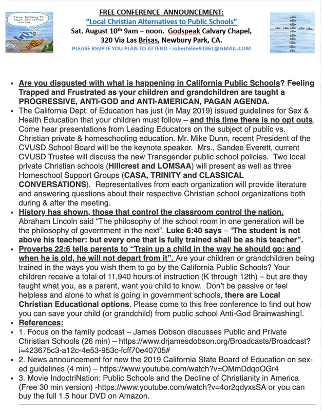 Image of a flyer promoting Christian alternative schools at an event hosted at Godspeak Calvary Chapel Thousand Oaks, Pastor Rob McCoy